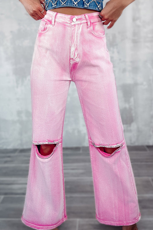 Pink Washed Rhinestone Wide Leg Jeans