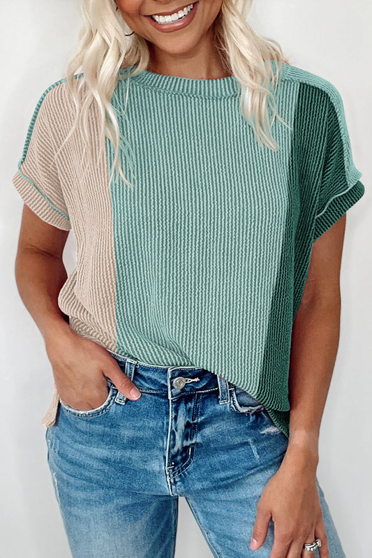 Mint Green Textured Colorblock Round Neck T Shirt