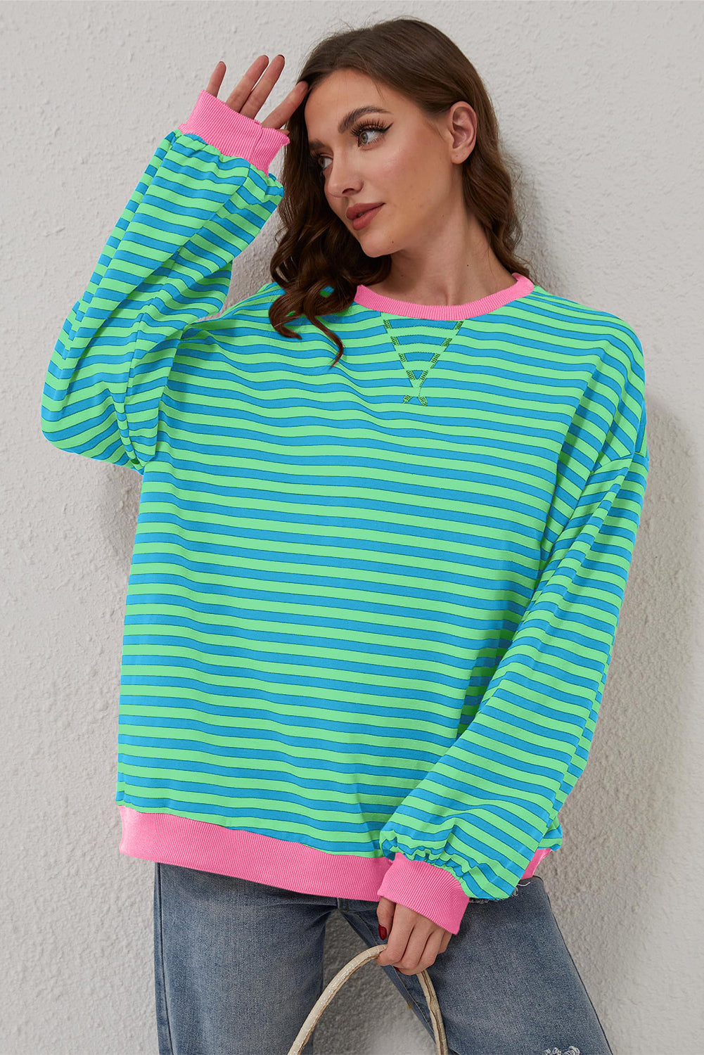 Black Stripe Oversized Contrast Trim Pullover Sweatshirt