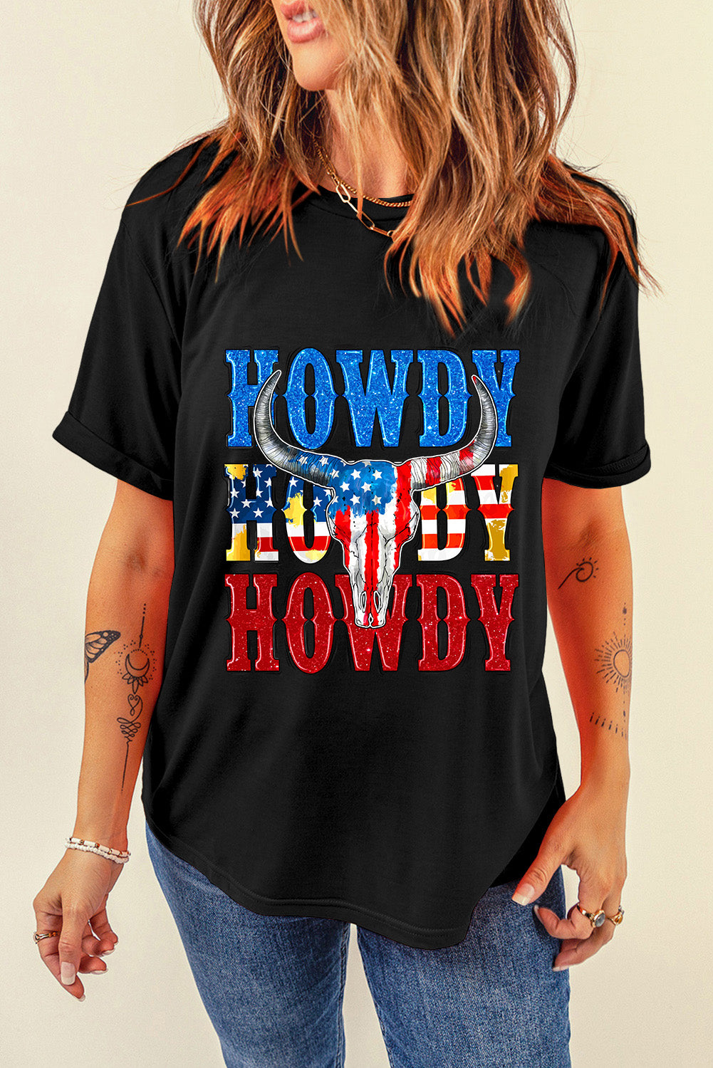 Black HOWDY American Flag Steer Head Graphic Crewneck Tee