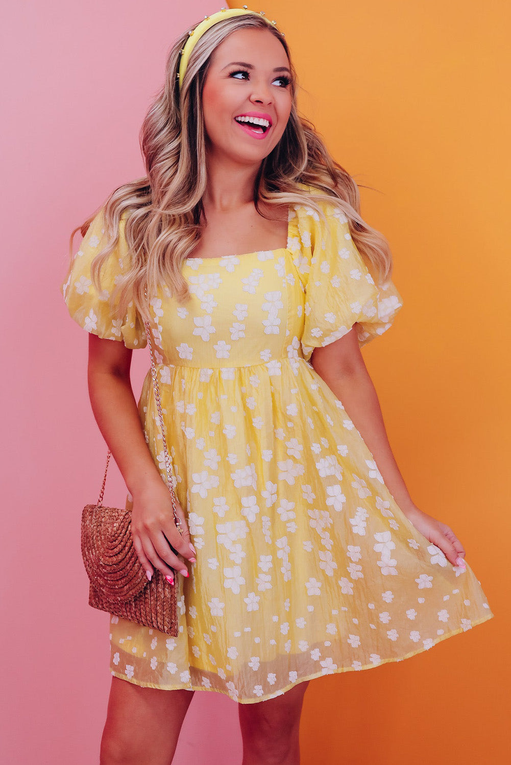 Yellow Boho Flower Jacquard Puff Sleeve Square Neck Mini Dress