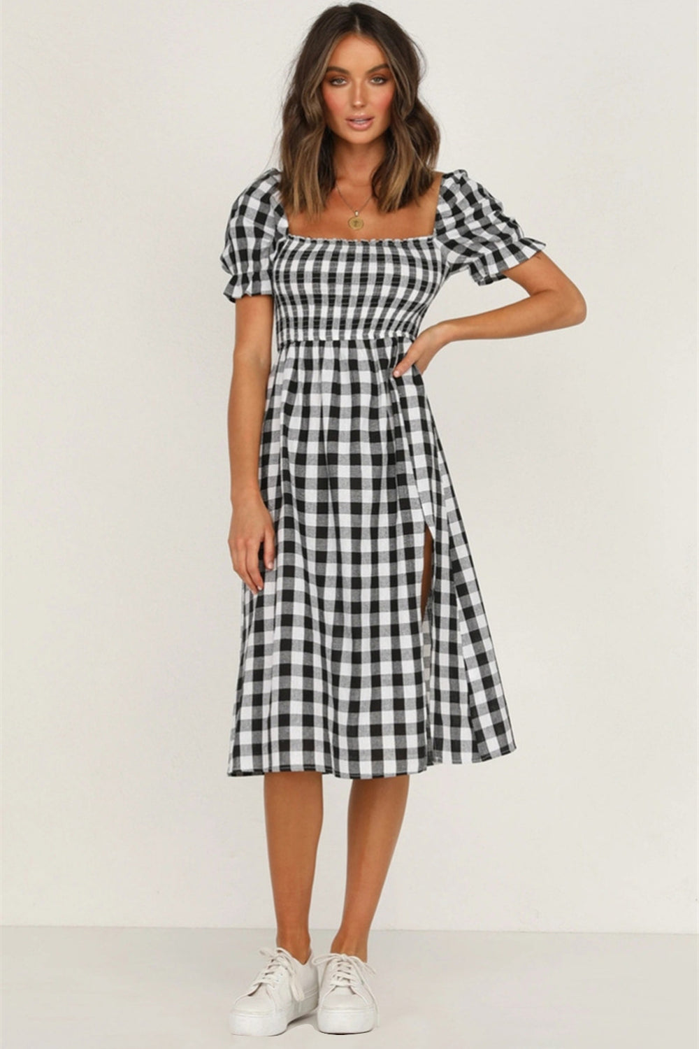 Plaid Short Sleeve Midi Dress