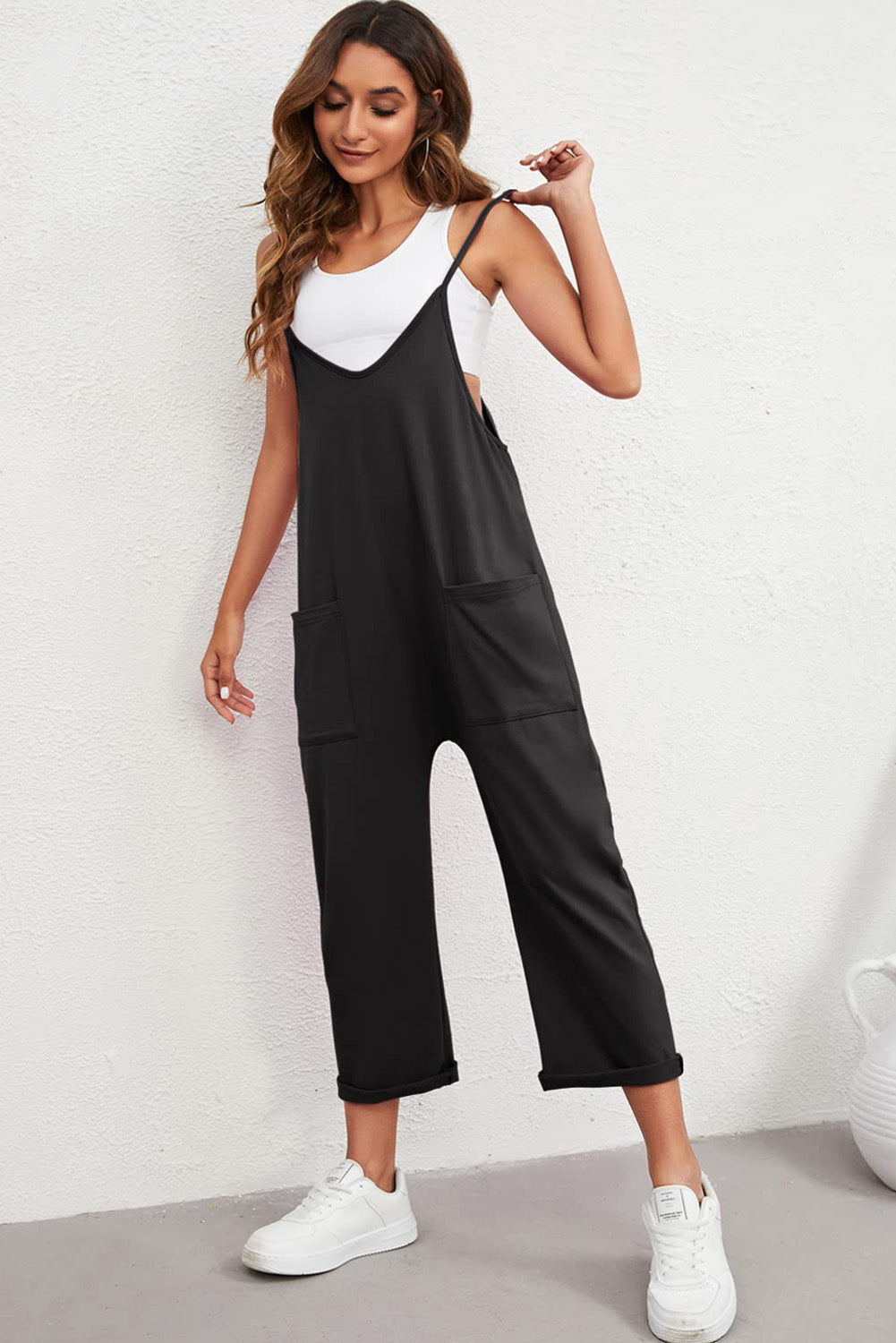 Rose Red Black Pocketed Adjustable Spaghetti Strap Straight Leg Jumpsuit