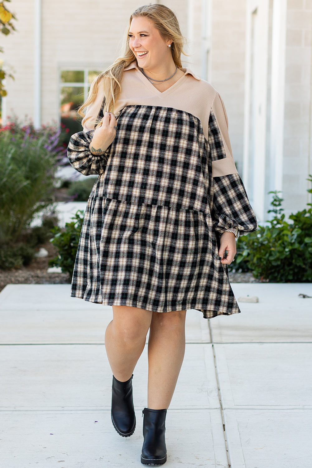 Black Plaid Waffle Knit Patchwork Collared V Neck Dress