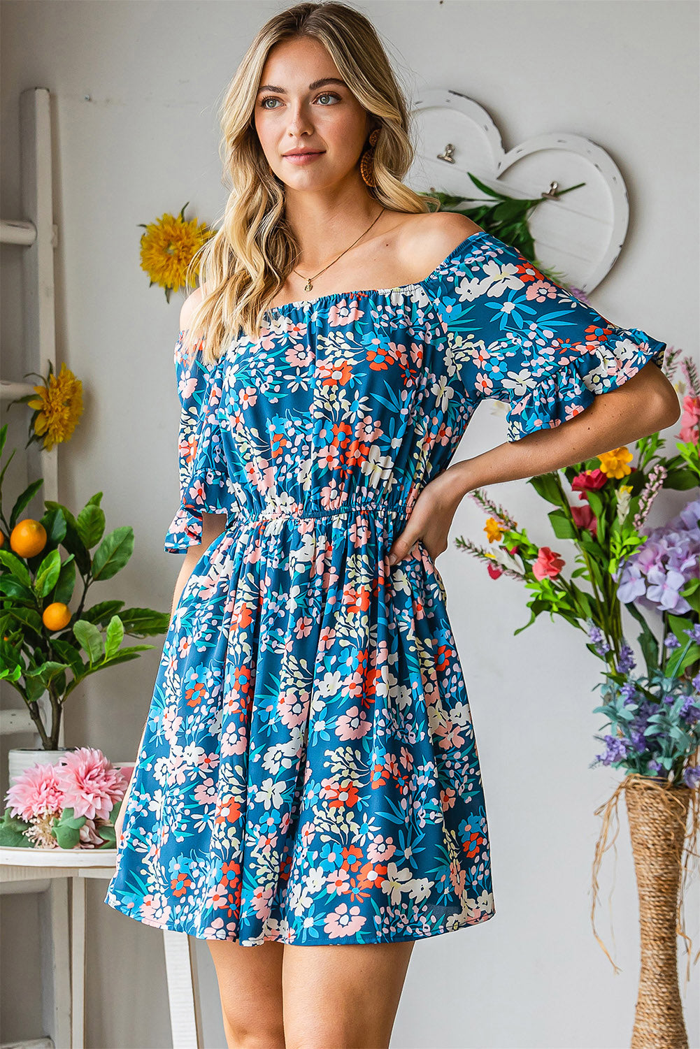 Dark Blue Bohemian Floral Print Off Shoulder Short Dress