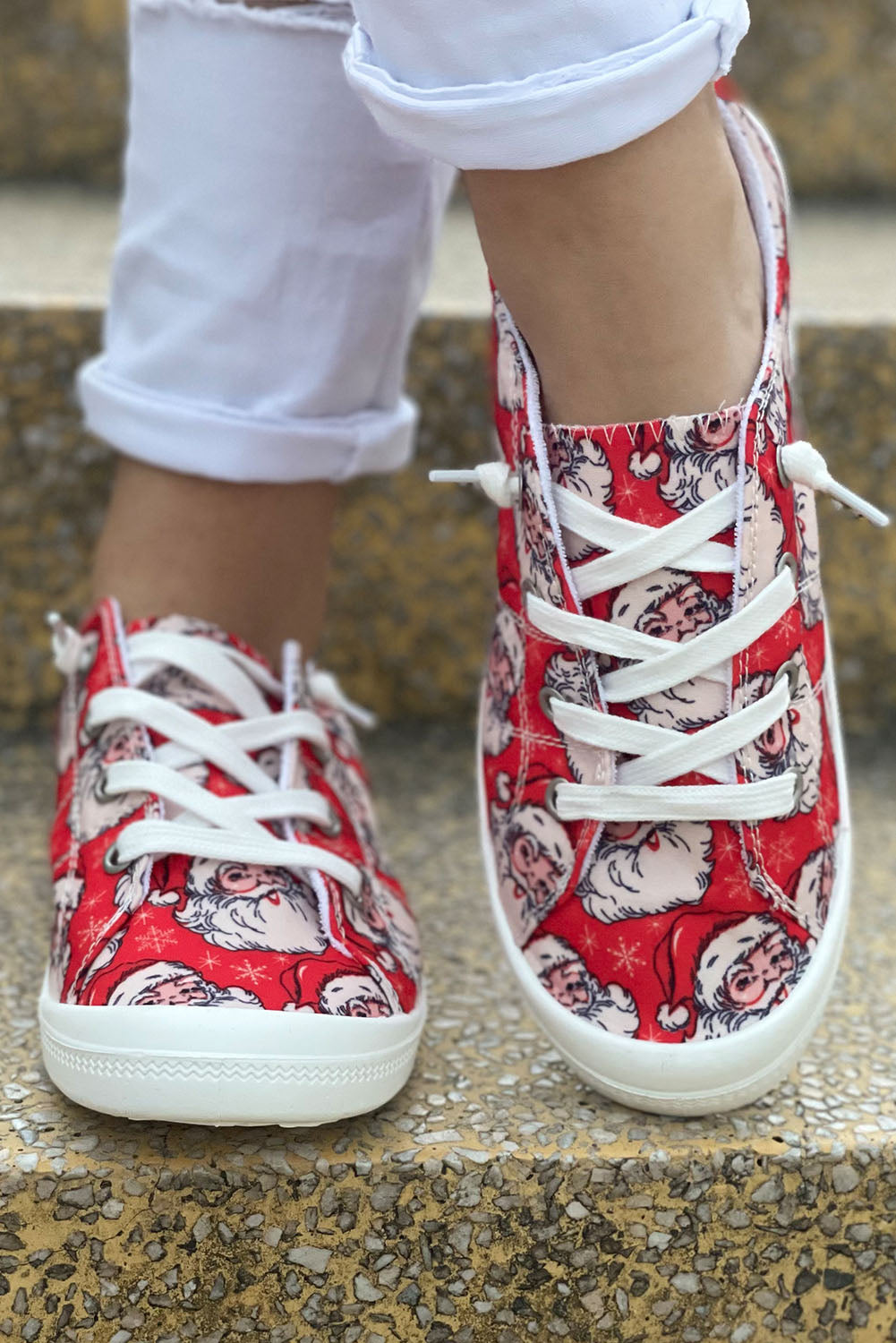 Christmas Santa Print Lace Up Flat Sneakers