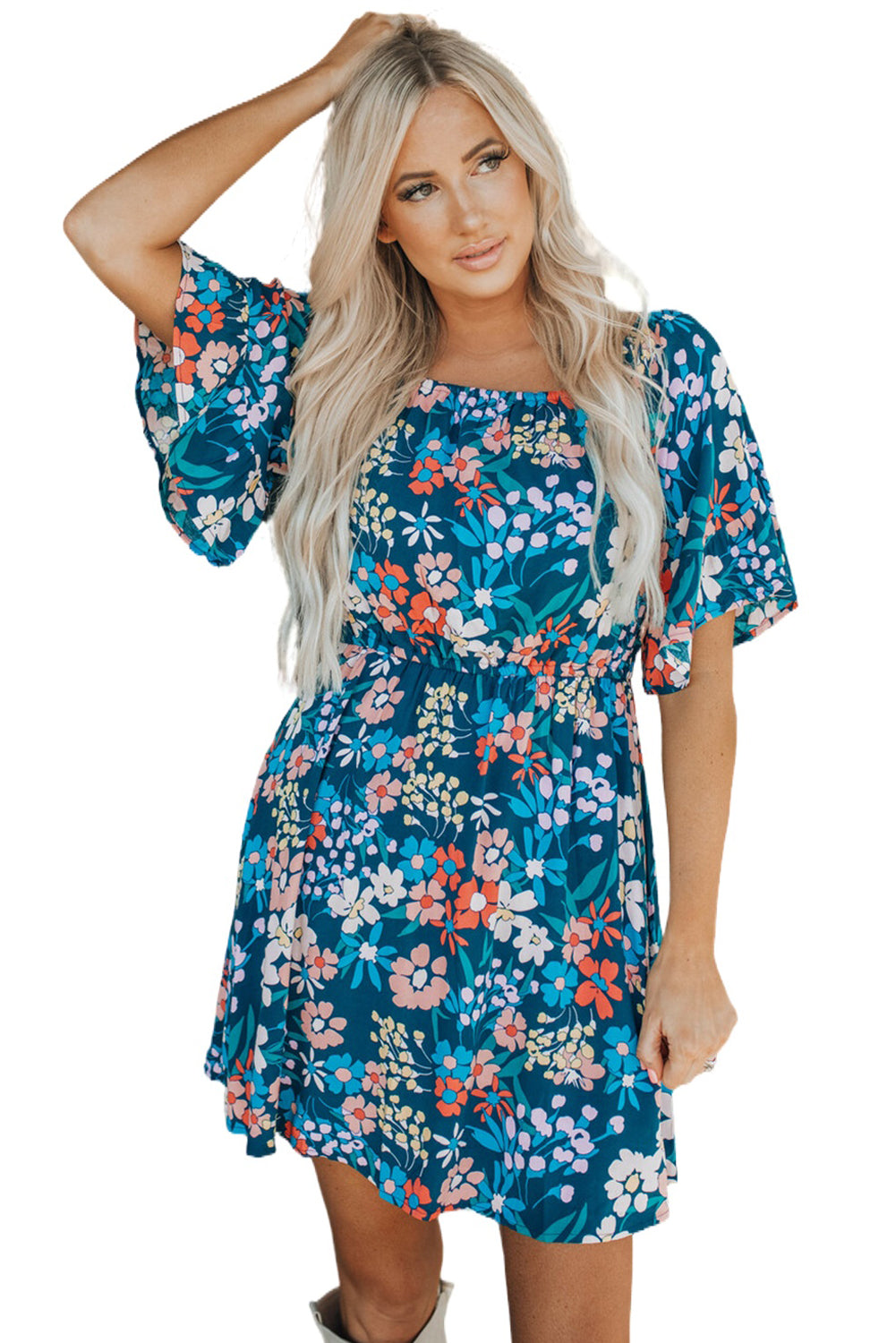 Dark Blue Bohemian Floral Print Off Shoulder Short Dress