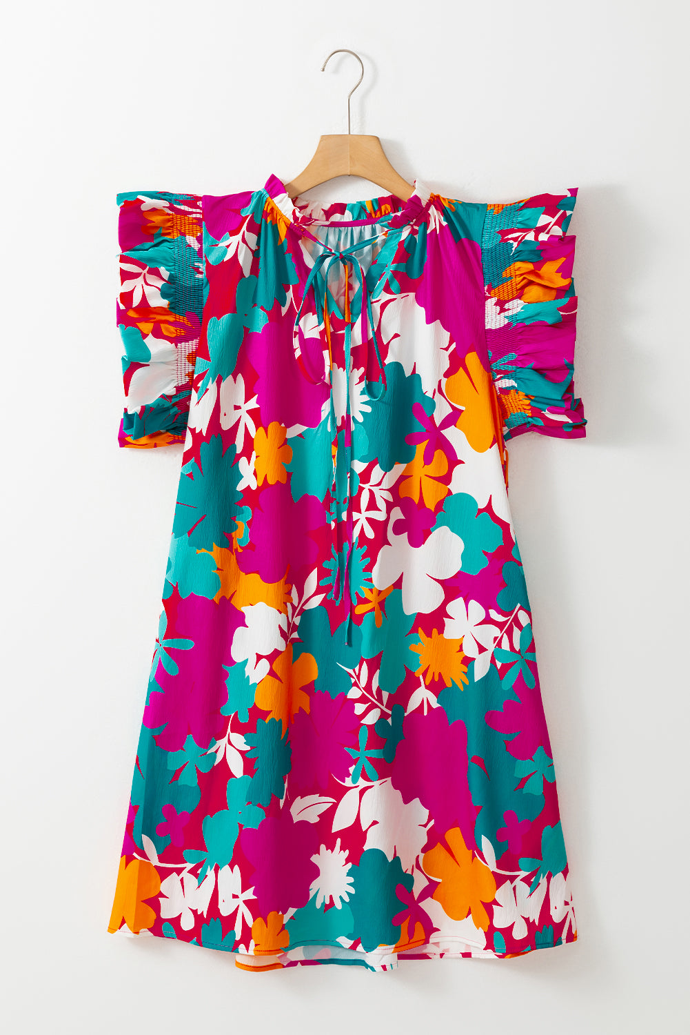 Multicolour Floral Tie Split Neck Flutter Sleeve Mini Dress