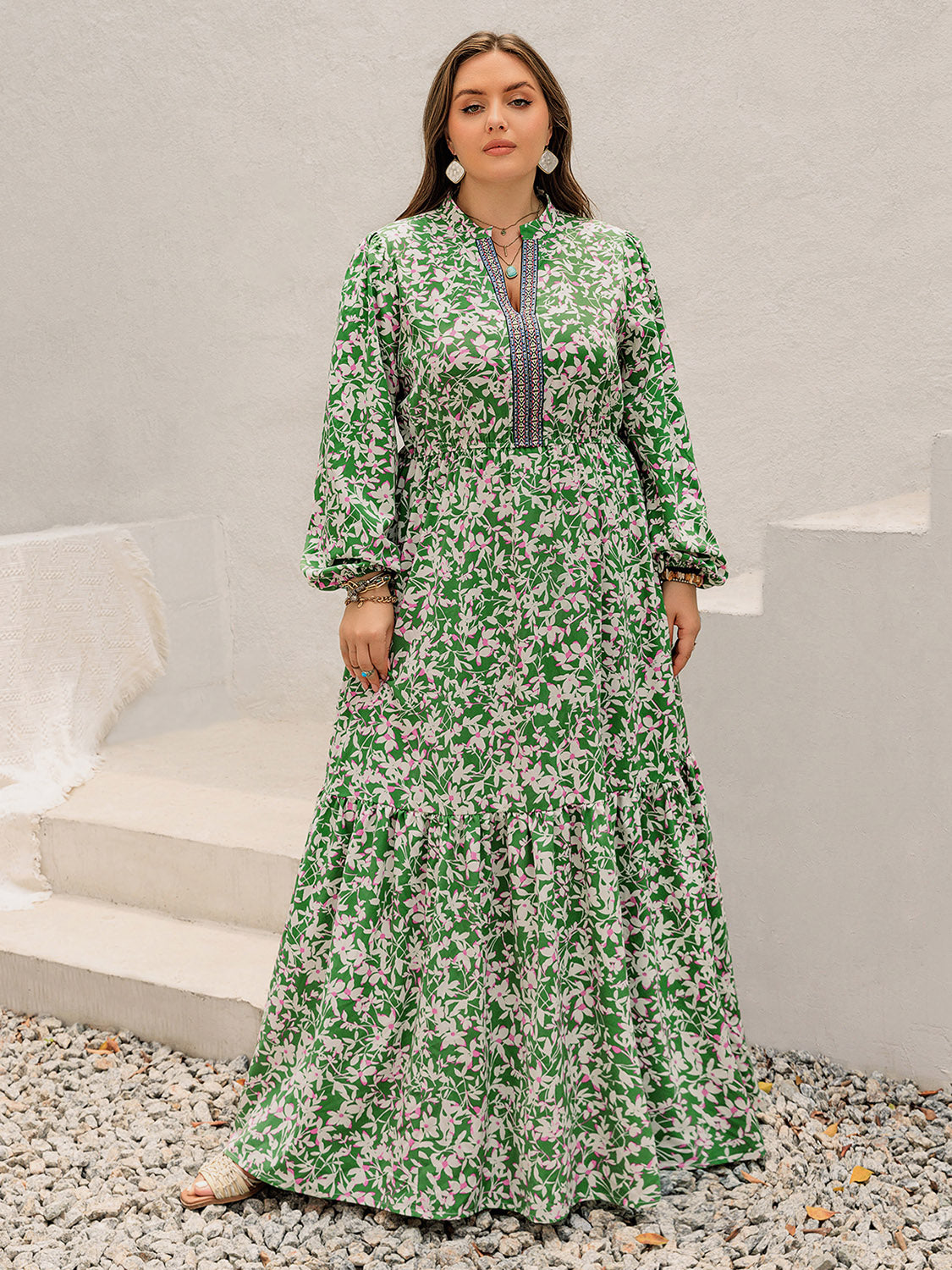 Printed Notched Long Sleeve Maxi Dress