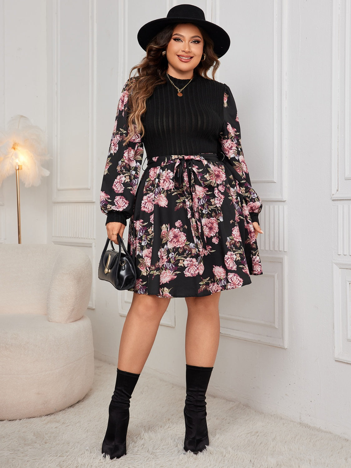 Plus Size Tied Printed Long Sleeve Dress