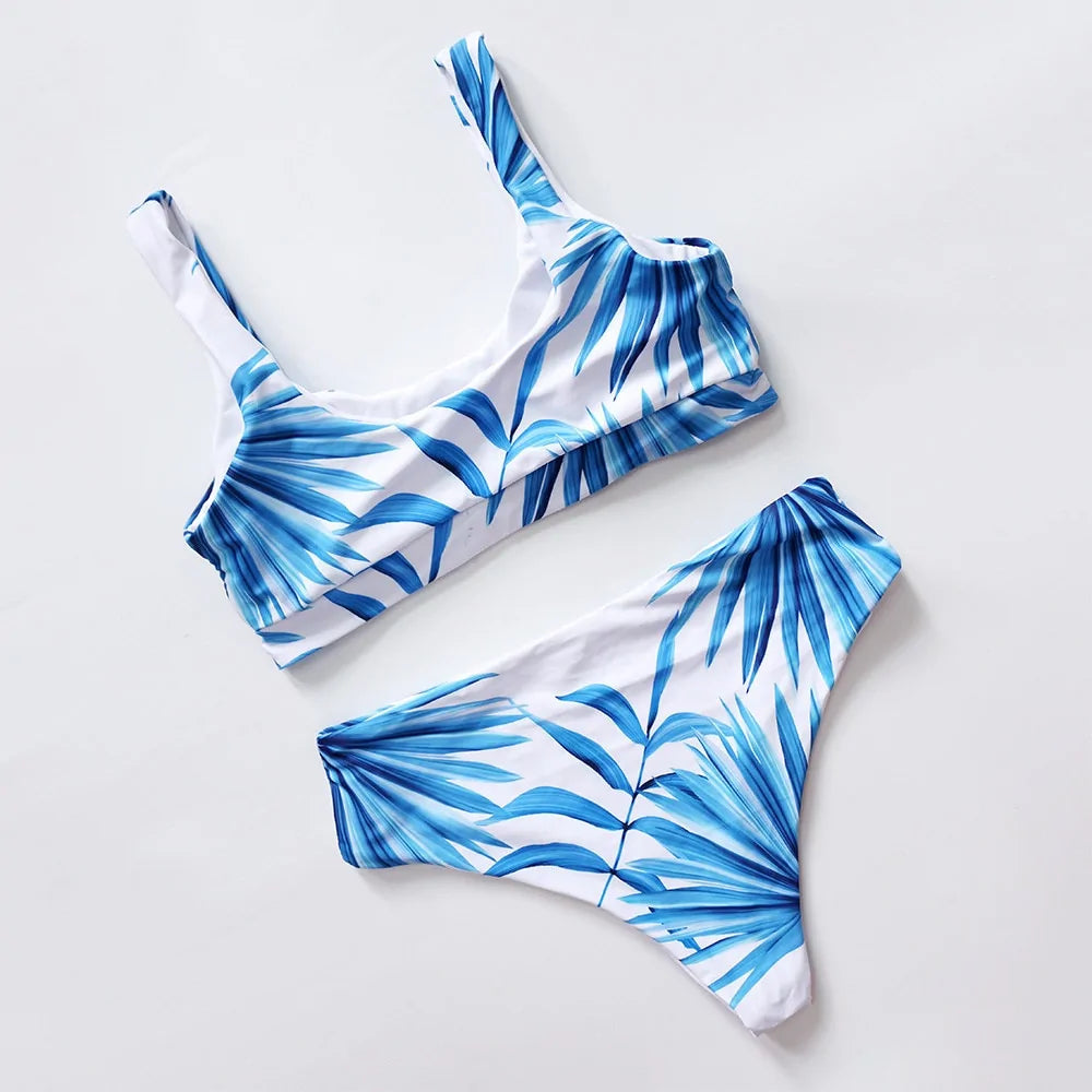 Tropical Palm Leaf High Waist Bikini