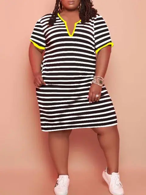 V Neck Striped Pocket Midi Dress