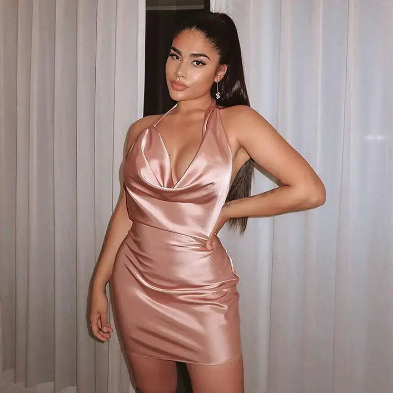 Satin V Neck Backless Mini Dress